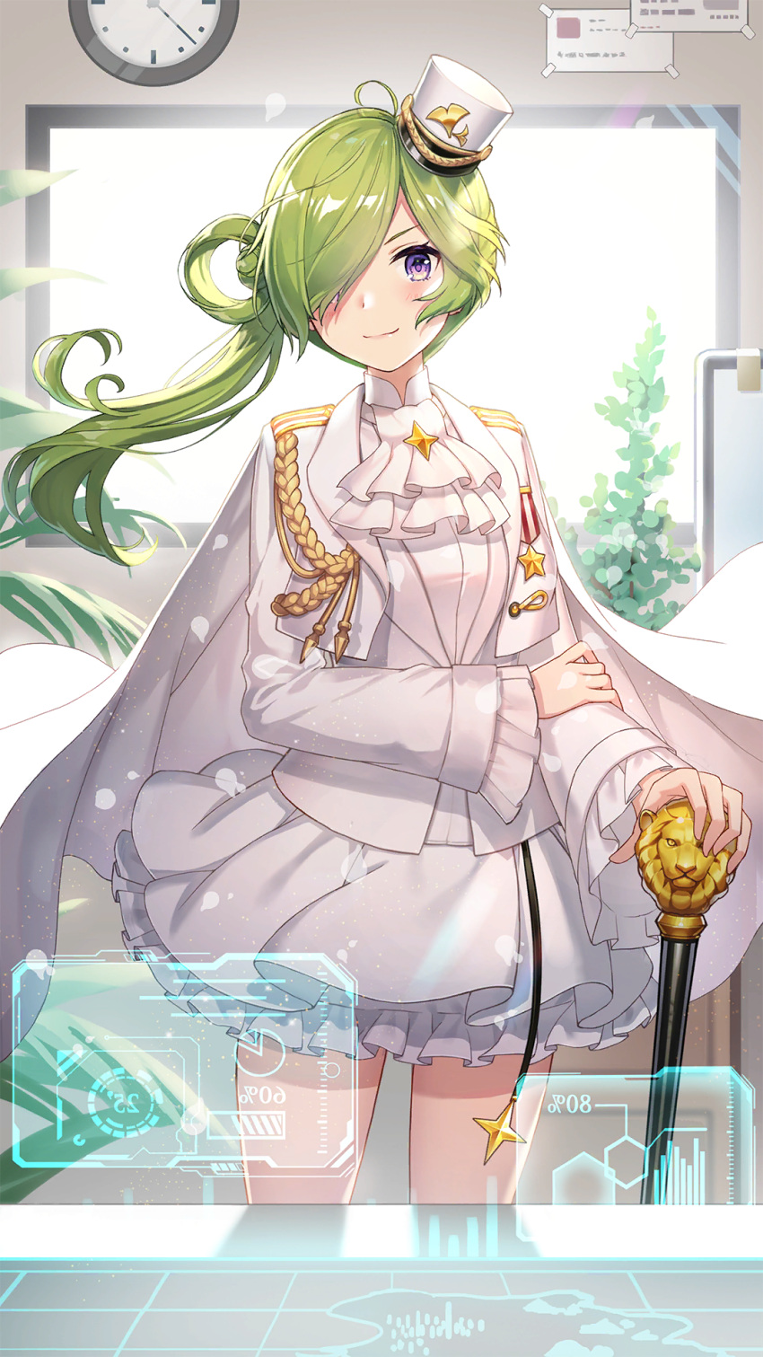 1girl aiguillette ascot cape clock cowboy_shot epaulettes frilled_skirt frills girl_cafe_gun green_hair hair_over_one_eye hand_on_own_arm highres holding holding_scepter holographic_interface indoors jacket layered_skirt long_hair long_sleeves looking_at_viewer medal mini_shako_cap miniskirt nie_shirou_(girl_cafe_gun) official_art one_eye_covered scepter shirt side_ponytail single_hair_ring skirt smile solo staff table tilted_headwear violet_eyes white_ascot white_cape white_headwear white_jacket white_shirt white_skirt window