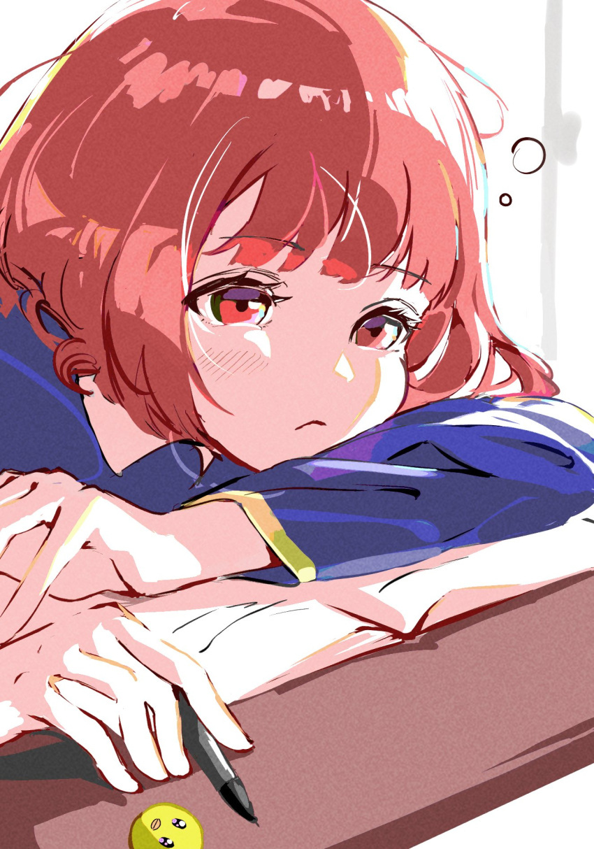 1girl arima_kana bob_cut closed_mouth highres holding holding_pen inverted_bob oshi_no_ko pen pieyon red_eyes redhead school_uniform short_hair sleepy solo thinking ukrhf2rhh486630 youtou_high_school_uniform