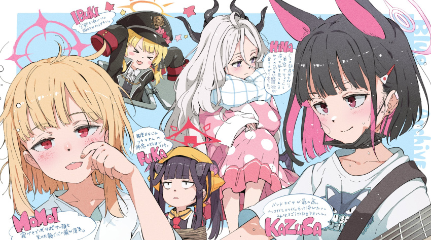 &gt;_&lt; 5girls animal_ears black_coat black_hair black_headwear black_horns blonde_hair blue_archive blush cat_ears closed_mouth coat collared_shirt colored_inner_hair demon_horns extra_ears fuuka_(blue_archive) gomennasai halo hat head_scarf highres hina_(blue_archive) hina_(pajamas)_(blue_archive) horns ibuki_(blue_archive) kazusa_(blue_archive) long_hair momoi_(blue_archive) multicolored_hair multiple_girls multiple_horns official_alternate_costume open_clothes open_coat open_mouth pajamas peaked_cap pink_hair pink_halo pink_pajamas polka_dot polka_dot_pajamas red_eyes red_halo restrained rope shirt short_hair short_sleeves side_ponytail sleeves_past_fingers sleeves_past_wrists smile violet_eyes white_hair white_shirt yellow_headwear