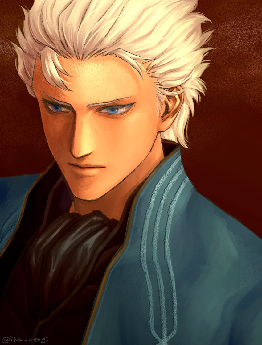 1boy blue_coat blue_eyes coat devil_may_cry_(series) devil_may_cry_3 hair_slicked_back highres ika_vergi male_focus solo vergil_(devil_may_cry) white_hair