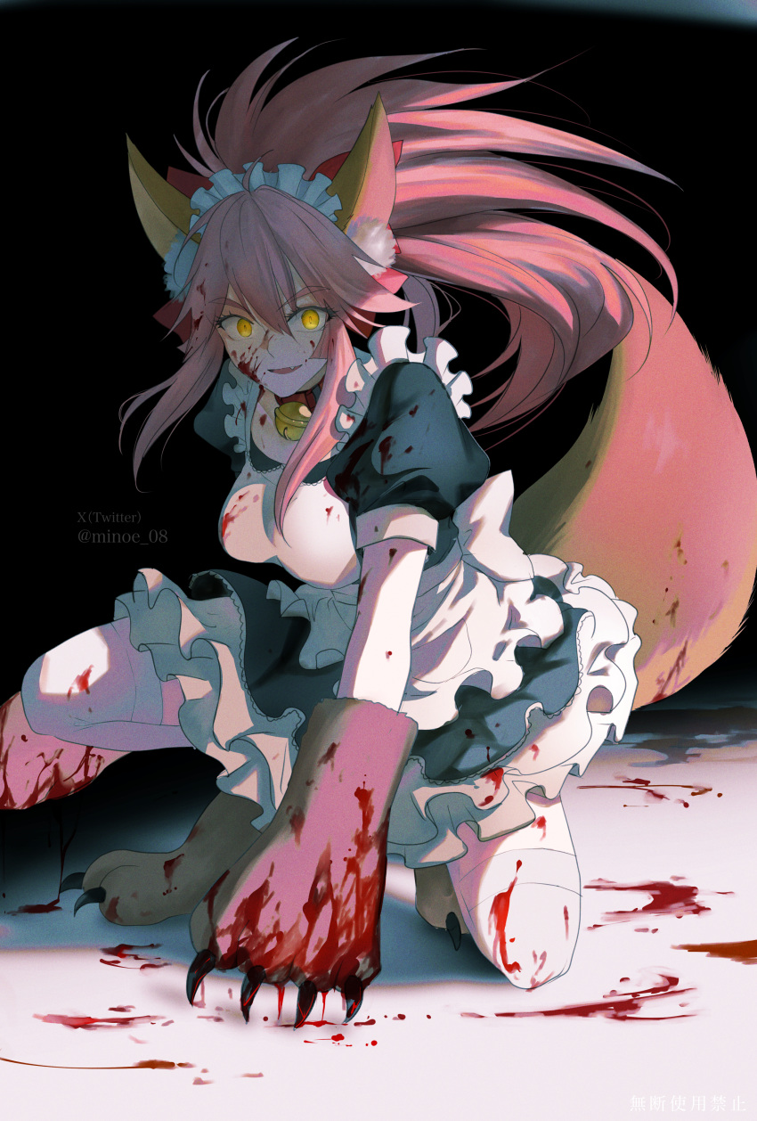 1girl absurdres animal_ear_fluff animal_ears animal_hands apron bell black_dress blood blood_in_hair blood_on_clothes blood_on_face blood_on_hands blood_splatter breasts cat_paws dress fate/grand_order fate_(series) fox_ears fox_girl fox_tail gloves highres jingle_bell large_breasts long_hair maid maid_apron maid_headdress minoe08 neck_bell paw_gloves paw_shoes pink_hair ponytail puffy_short_sleeves puffy_sleeves short_dress short_sleeves solo tail tamamo_(fate) tamamo_cat_(fate) tamamo_cat_(second_ascension)_(fate) thigh-highs white_thighhighs yellow_eyes