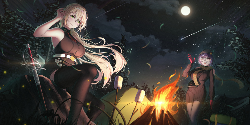 2girls absurdres adjusting_hair beanie belt black_headwear black_shirt black_sweater black_thighhighs blonde_hair blush breasts campfire closed_mouth clothing_cutout english_commentary floating_hair full_moon glasses gloves green_eyes hat highres indira_naylarissa large_breasts long_sleeves looking_at_viewer moon multiple_girls necktie night night_sky open_mouth outdoors project_livium purple_hair red_gloves red_necktie rock round_eyewear shirt shooting_star short_hair short_necktie shoulder_cutout sidelocks silvia_valleria sitting sitting_on_rock sky sleeveless sleeveless_shirt standing sweater sword tent thigh-highs tree turtleneck turtleneck_sweater upper_body v-shaped_eyebrows varhan_zuhair virtual_youtuber weapon white_belt