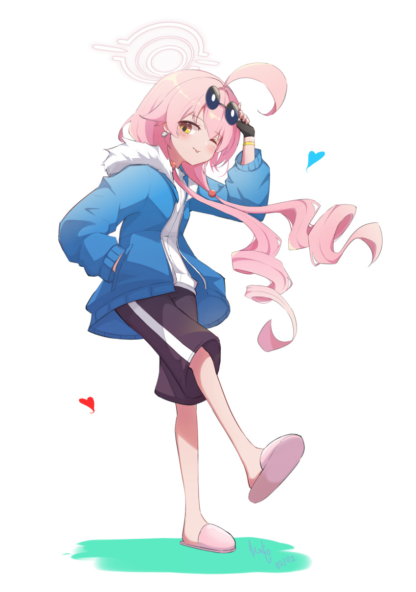 1girl ahoge black_shorts blue_archive blue_jacket blush closed_mouth cosplay full_body fur-trimmed_jacket fur_trim hair_between_eyes highres hoshino_(blue_archive) jacket long_hair long_sleeves one_eye_closed open_clothes open_jacket pink_footwear pink_hair rikotch07 sans sans_(cosplay) shirt shorts slippers smile solo tongue tongue_out undertale white_shirt yellow_eyes