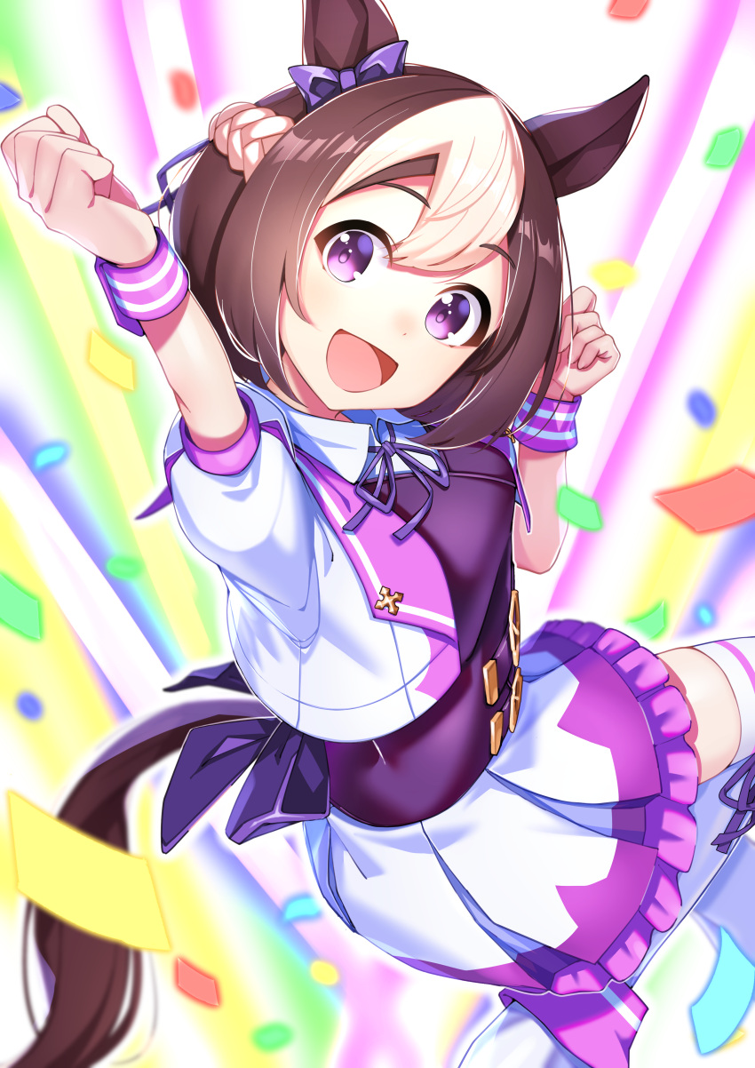 1girl :d absurdres animal_ears arm_up bow brown_hair clenched_hands crop_top ear_bow highres horse_ears horse_girl horse_tail jacket juliet_sleeves long_sleeves looking_at_viewer looking_to_the_side multicolored_hair puffy_short_sleeves puffy_sleeves short_hair short_sleeves skirt smile solo special_week_(umamusume) tail thigh-highs tpicm two-tone_hair umamusume violet_eyes white_hair white_jacket white_skirt white_thighhighs