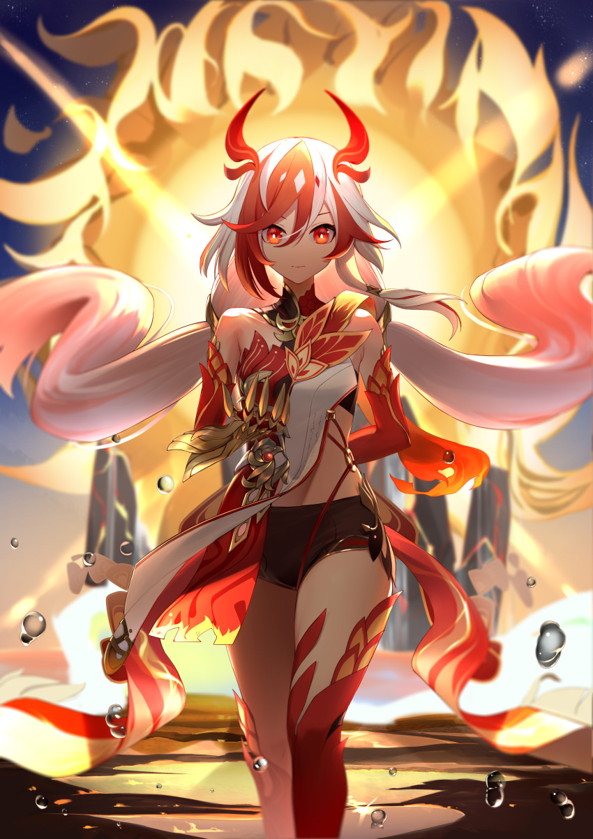 1girl absurdres animal_hands arm_behind_back bare_shoulders black_shorts black_sports_bra chinese_clothes claws closed_mouth detached_sleeves elbow_gloves eyeliner fire fu_hua fu_hua_(fenghuang_of_vicissitude) gloves hair_between_eyes highres honkai_(series) honkai_impact_3rd long_hair low-tied_long_hair low_twintails makeup multicolored_hair red_eyeliner red_eyes red_gloves red_rope red_scales red_thighhighs redhead rope short_shorts shorts single_thighhigh solo sports_bra sportswear streaked_hair symbol-shaped_pupils tail thigh-highs thighs twintails two-tone_hair water_drop white_hair yellow_pupils zheng_yu_qi_sheng