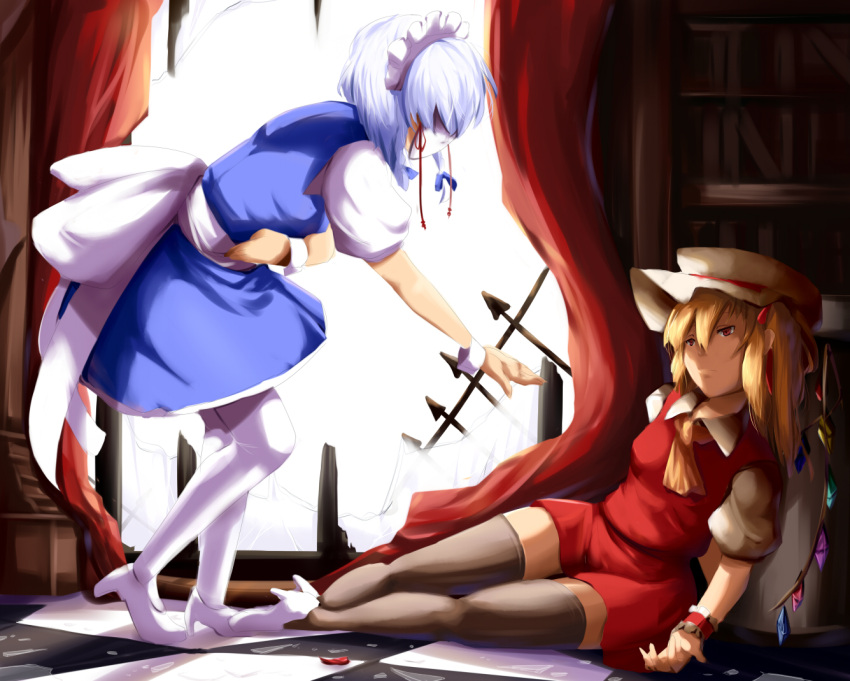 2girls ascot back_bow black_thighhighs blonde_hair blue_hair blue_skirt blue_vest book bookshelf bow breasts broken_window checkered_floor closed_mouth collared_shirt curtains flandre_scarlet from_side full_body hair_between_eyes hat hat_ribbon high_heels huge_bow indoors izayoi_sakuya large_bow light_blue_hair looking_at_another magukappu maid maid_headdress mask mob_cap multicolored_wings multiple_girls on_floor outstretched_arm pantyhose puffy_short_sleeves puffy_sleeves red_curtains red_eyes red_ribbon ribbon shirt short_sleeves skirt skirt_set small_breasts standing thigh-highs touhou vest white_bow white_footwear white_headwear white_mask white_pantyhose white_shirt wings wrist_cuffs yellow_ascot