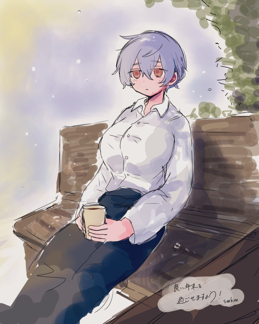 1girl bench black_pants black_skirt breasts closed_mouth collared_shirt cup grey_hair hair_between_eyes highres holding holding_cup large_breasts long_sleeves original pants red_eyes samekomusousaku shirt short_hair sitting sitting_on_bench skirt solo white_shirt