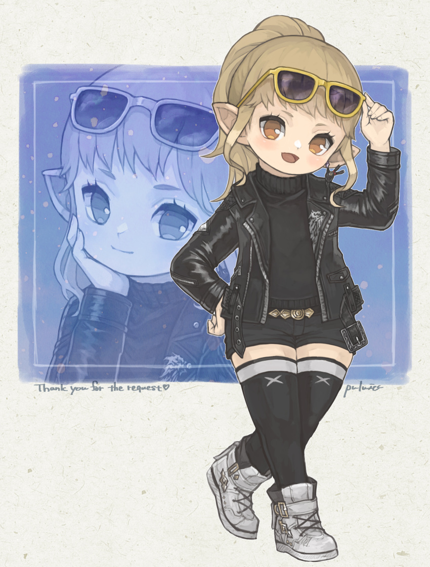 1girl adjusting_eyewear black_jacket black_shorts black_sweater black_thighhighs blonde_hair boots brown_eyes closed_mouth commission contemporary earrings eyewear_on_head final_fantasy final_fantasy_xiv flat_chest full_body hand_on_eyewear hand_on_own_chin hand_on_own_hip highres jacket jewelry lalafell leather leather_jacket looking_at_viewer medium_hair multiple_views open_mouth pointy_ears ponytail puluie shoes shorts signature simple_background single_earring smile sneakers sunglasses sweater thigh-highs thigh_boots warrior_of_light_(ff14) white_footwear zettai_ryouiki