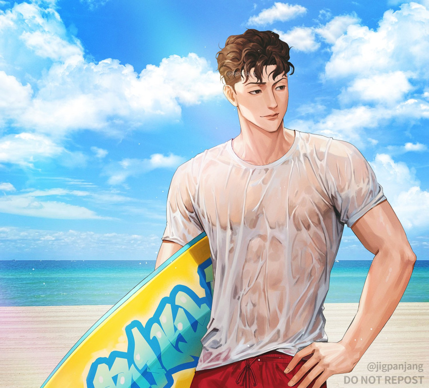 1boy beach brown_eyes brown_hair clouds hand_on_own_hip highres jigpanjang looking_to_the_side male_focus miyagi_ryouta ocean pompadour see-through see-through_shirt shirt shorts sky slam_dunk_(series) smile solo surfboard twitter_username wet wet_clothes wet_shirt