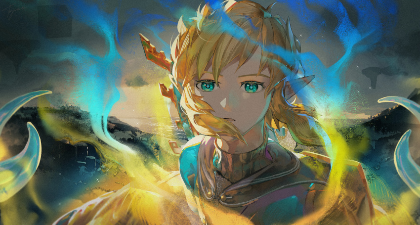 1boy blonde_hair blue_eyes champion's_tunic_(zelda) commentary_request floating_hair floating_island highres link looking_at_viewer male_focus medium_hair ocean open_mouth outdoors pointy_ears signature sky the_legend_of_zelda the_legend_of_zelda:_tears_of_the_kingdom tsujieiri upper_body wind