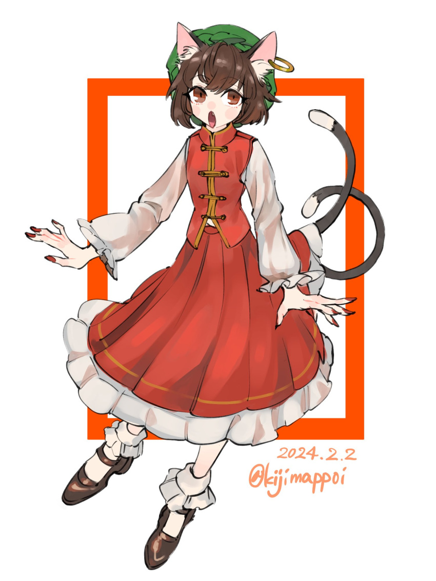 1girl :o amayadori-tei animal_ear_piercing animal_ears bobby_socks brown_eyes brown_hair cat_ears cat_tail chen commentary_request dated earrings fang flat_chest frills full_body gold_trim green_headwear hat highres jewelry long_sleeves looking_at_viewer mob_cap multiple_tails nail_polish nekomata open_mouth petticoat puffy_long_sleeves puffy_sleeves red_nails red_skirt red_vest short_hair simple_background single_earring skirt skirt_set socks solo tail touhou two_tails vest white_background