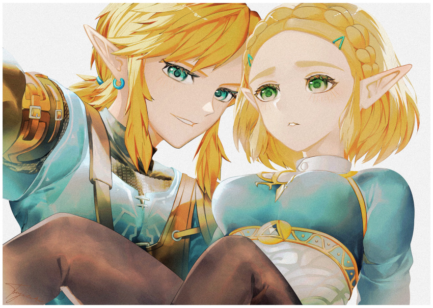 1boy 1girl black_pants blonde_hair blue_eyes blue_shirt braid breasts carrying champion's_tunic_(zelda) commentary_request crown_braid earrings grey_background hair_ornament hairclip highres jewelry large_breasts light_blush link looking_at_another looking_at_viewer pants parted_bangs parted_lips princess_carry princess_zelda selfie shirt short_hair short_ponytail signature smile the_legend_of_zelda the_legend_of_zelda:_tears_of_the_kingdom tsujieiri