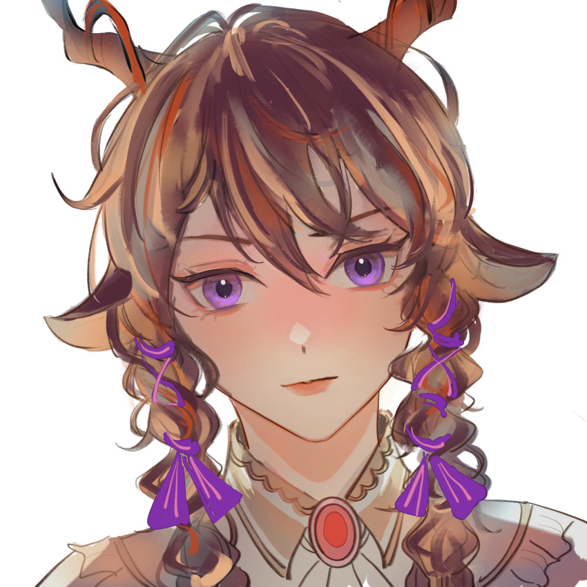 animal_ears arknights braid brown_hair character_request check_character closed_mouth collared_shirt ebenholz_(arknights) flower hair_between_eyes hair_flower hair_ornament hair_ribbon highres honeywilde horns long_hair looking_at_viewer petals pink_flower portrait purple_ribbon ribbon shirt simple_background smile solo twin_braids upper_body violet_eyes white_background white_shirt