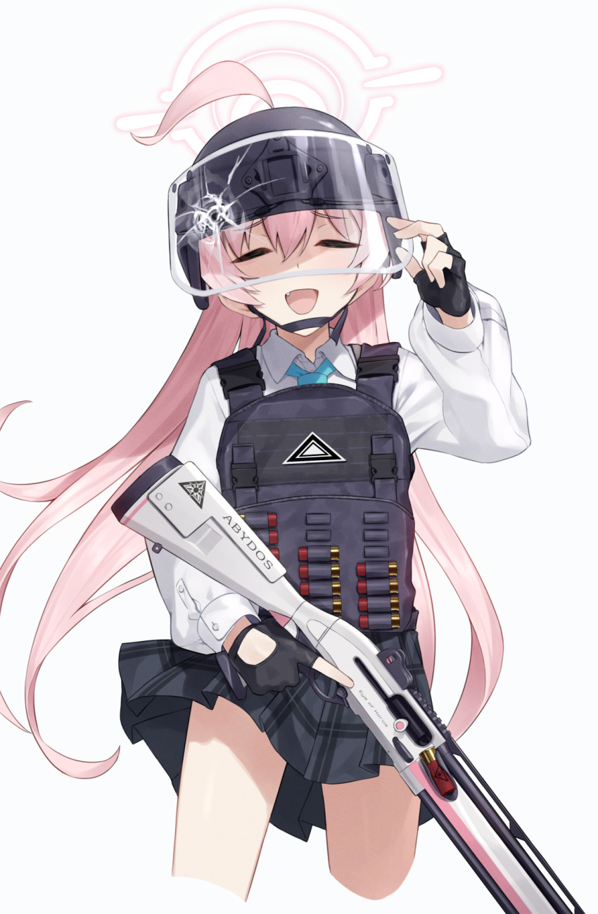 1girl ahoge black_gloves black_skirt blue_archive blue_necktie collared_shirt cowboy_shot cropped_legs fang fingernails gloves greenkohgen gun hair_between_eyes halo highres holding holding_gun holding_weapon hoshino_(blue_archive) long_hair long_sleeves necktie open_mouth pink_hair pink_halo plaid plaid_skirt pleated_skirt shaded_face shirt simple_background skirt solo weapon white_background white_shirt