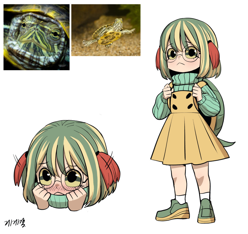 1girl :&lt; black_eyes blonde_hair blush child colored_sclera creature_and_personification full_body gegegekman green_footwear green_hair green_sclera green_sweater hair_between_eyes highres long_sleeves multicolored_hair multicolored_sclera multiple_views original photo_inset redhead reference_inset shy signature skirt socks streaked_hair suspender_skirt suspenders sweater tail turtle turtle_girl turtle_shell turtleneck turtleneck_sweater white_background white_socks yellow_sclera