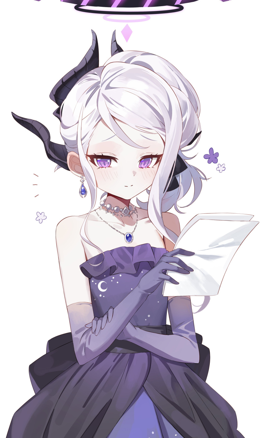 1girl absurdres black_horns blue_archive blush closed_mouth collarbone demon_horns dress elbow_gloves gloves halo highres hina_(blue_archive) hina_(dress)_(blue_archive) holding holding_paper horns jewelry long_hair looking_at_viewer multiple_horns necklace paper pendant purple_dress purple_gloves seizou_hidzuke simple_background solo strapless strapless_dress violet_eyes white_background white_hair