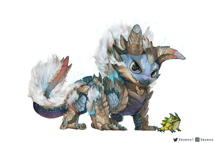 alternate_size back_fin blue_scales chibi claws closed_mouth colored_sclera creature electricity fang full_body highres horns monster monster_focus monster_hunter_(series) no_humans paratoad red_sclera scales size_comparison snout spikes tail toad_(animal) white_background white_fur wolf xezeno zinogre