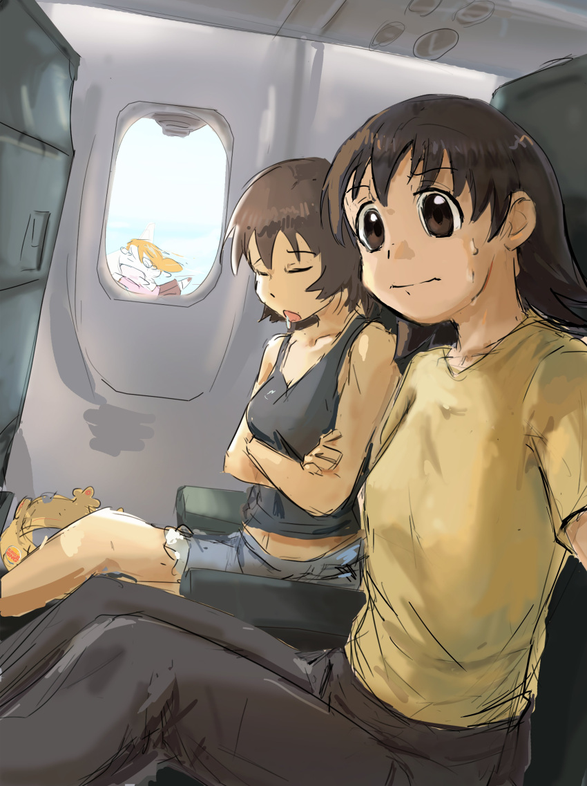 3girls above_clouds absurdres aircraft airplane airplane_interior azumanga_daioh clouds commentary drooling english_commentary from_inside highres indoors interior kagura_(azumanga_daioh) liamickpie looking_at_viewer mihama_chiyo multiple_girls saliva sitting sweatdrop takino_tomo vehicle_interior