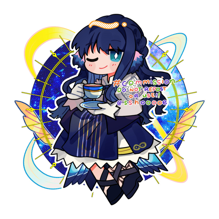 1girl arknights astesia_(arknights) black_footwear blue_eyes blue_hair blue_skirt blush_stickers braid chibi closed_mouth collared_shirt cup diamond-shaped_pupils diamond_(shape) gloves highres holding holding_cup holding_saucer invisible_chair juliet_sleeves long_bangs long_hair long_sleeves looking_at_viewer one_eye_closed petticoat pleated_skirt puffy_sleeves saucer shirt shoes sidelocks simple_background sitting skirt smile solo sshooooe symbol-shaped_pupils teacup white_background white_gloves white_shirt
