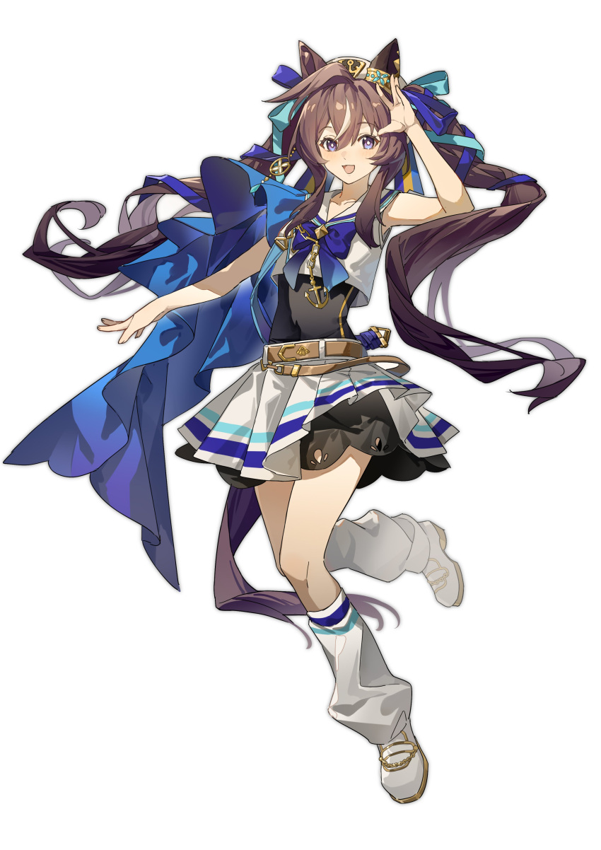 1girl :d absurdres animal_ears belt blue_eyes brown_belt brown_hair covered_navel crop_top ear_covers full_body hair_between_eyes hairband hashtag_only_commentary highres horse_ears horse_girl long_hair looking_at_viewer loose_socks multicolored_hair pleated_skirt sailor_collar sailor_shirt shirt simple_background single_ear_cover skirt sleeveless sleeveless_shirt smile socks solo streaked_hair twintails umamusume vivlos_(umamusume) white_background white_footwear white_hair white_hairband white_headwear white_shirt white_skirt white_socks wufaxianshi_cnd
