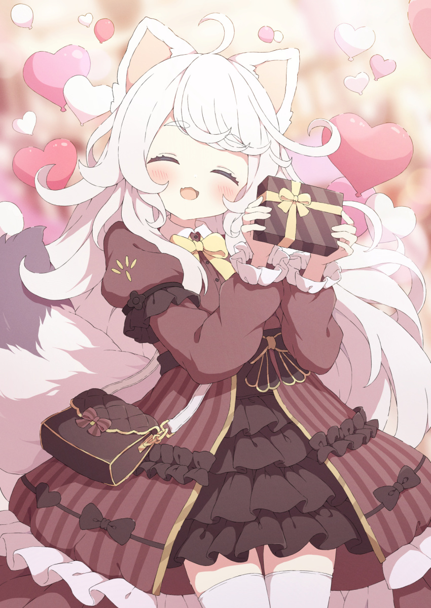 1girl animal_ears balloon brown_dress commission cowboy_shot dress fox_ears fox_girl fox_tail gift heart_balloon highres holding holding_gift open_mouth original skeb_commission smile solo tail thigh-highs tyakomes variant_set white_hair white_thighhighs
