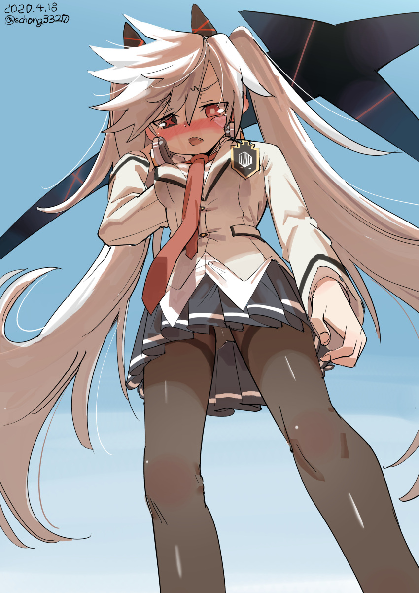absurdres black_eyes blazer blush breasts brown_jacket chan_seong cross-shaped_pupils dated djmax djmax_respect dress_shirt energy_weapon fail_(djmax) fang feet_out_of_frame from_below furrowed_brow girls_frontline gradient_background headphones headphones_around_neck heterochromia highres holding holding_weapon jacket long_sleeves looking_down necktie nose_blush open_mouth panties pantyhose parted_bangs pleated_skirt red_eyes red_necktie shirt skirt swept_bangs symbol-shaped_pupils thighband_pantyhose twintails twitter_username untucked_shirt weapon white_hair white_shirt