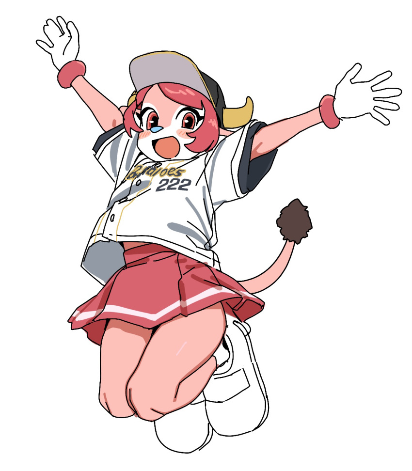 1girl :d arms_up baseball_cap baseball_jersey baseball_uniform black_headwear buffalo_bell commentary cow_girl cow_horns cow_tail furry furry_female hat highres horns hutomayuu jumping light_blush looking_at_viewer miniskirt nippon_professional_baseball orix_buffaloes parted_bangs partially_colored pink_bracelet pink_eyes pink_fur pink_hair short_hair skirt smile snout sportswear tail two-tone_fur white_background white_fur