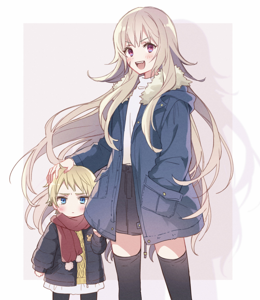 2girls arm_at_side axis_powers_hetalia black_jacket black_pantyhose black_skirt black_thighhighs blonde_hair blue_eyes blue_jacket blush child closed_mouth clothes_grab denim denim_skirt dress drop_shadow fang floating_hair fur-trimmed_jacket fur_trim genderswap genderswap_(mtf) grey_hair hair_flaps hand_in_pocket hand_on_another's_head hand_up highres holy_roman_empire_(hetalia) jacket long_hair miniskirt multiple_girls open_mouth outside_border pantyhose prussia_(hetalia) red_scarf scar scar_on_cheek scar_on_face scarf shio_konbu_(syoko128) short_hair shy side-by-side skirt standing sweater thigh-highs turtleneck turtleneck_sweater very_long_hair violet_eyes white_dress white_sweater yellow_sweater zettai_ryouiki