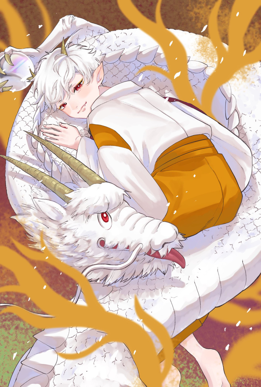 1boy barefoot bright_pupils chinese_zodiac closed_mouth dragon dragon_boy dragon_horns eastern_dragon fang fang_out fire full_body highres holding_orb horns japanese_clothes kariginu kimono long_sleeves looking_at_viewer looking_back male_focus new_year orange_background orange_kimono orb original pointy_ears red_eyes scales short_hair sitting_on_animal solo tada_no_momo tongue tongue_out very_short_hair white_hair white_pupils white_scales wide_sleeves year_of_the_dragon