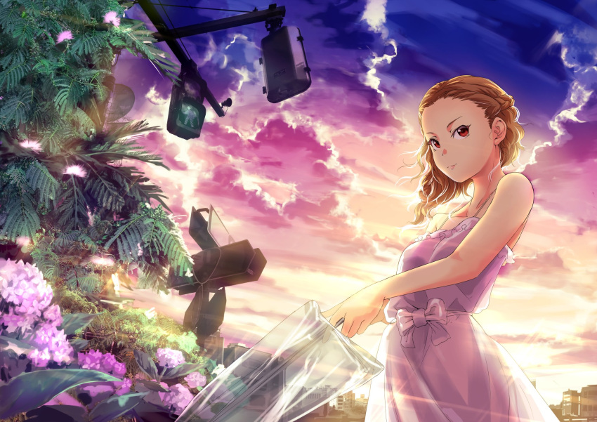 1girl backlighting bare_shoulders blz bow breasts brown_hair building camisole closed_mouth clouds cloudy_sky evening flower highres holding holding_umbrella idolmaster looking_to_the_side medium_breasts outdoors pink_camisole pink_flower red_eyes road_sign seki_hiromi sign sky solo standing traffic_light transparent transparent_umbrella tree umbrella wavy_hair