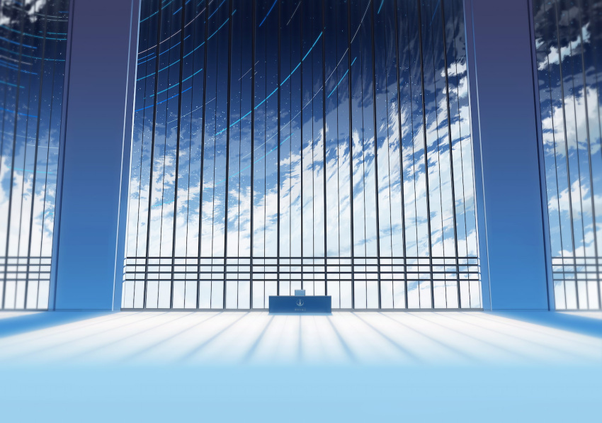 architecture blue_archive clouds desk game_cg highres indoors muntins no_humans non-web_source official_art scenery sky star_(sky) star_trail starry_sky wide_shot window window_shade
