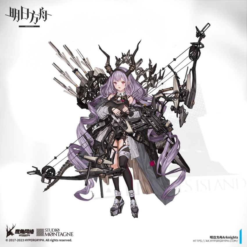 1girl :d arknights arrow_(projectile) asymmetrical_legwear bare_shoulders black_footwear black_leotard black_socks black_thighhighs blush boots bow_(weapon) compound_bow copyright_name crossbow drill_hair fake_horns garter_straps highres holding holding_bow_(weapon) holding_weapon horn_hairband horns kneehighs leotard lm7_(op-center) long_bangs looking_at_viewer low_twintails mismatched_legwear official_art open_mouth pink_eyes purple_hair quiver sidelocks silver_collar single_sock single_thighhigh smile socks solo thigh-highs thigh_strap twin_drills twintails typhon_(arknights) watermark weapon