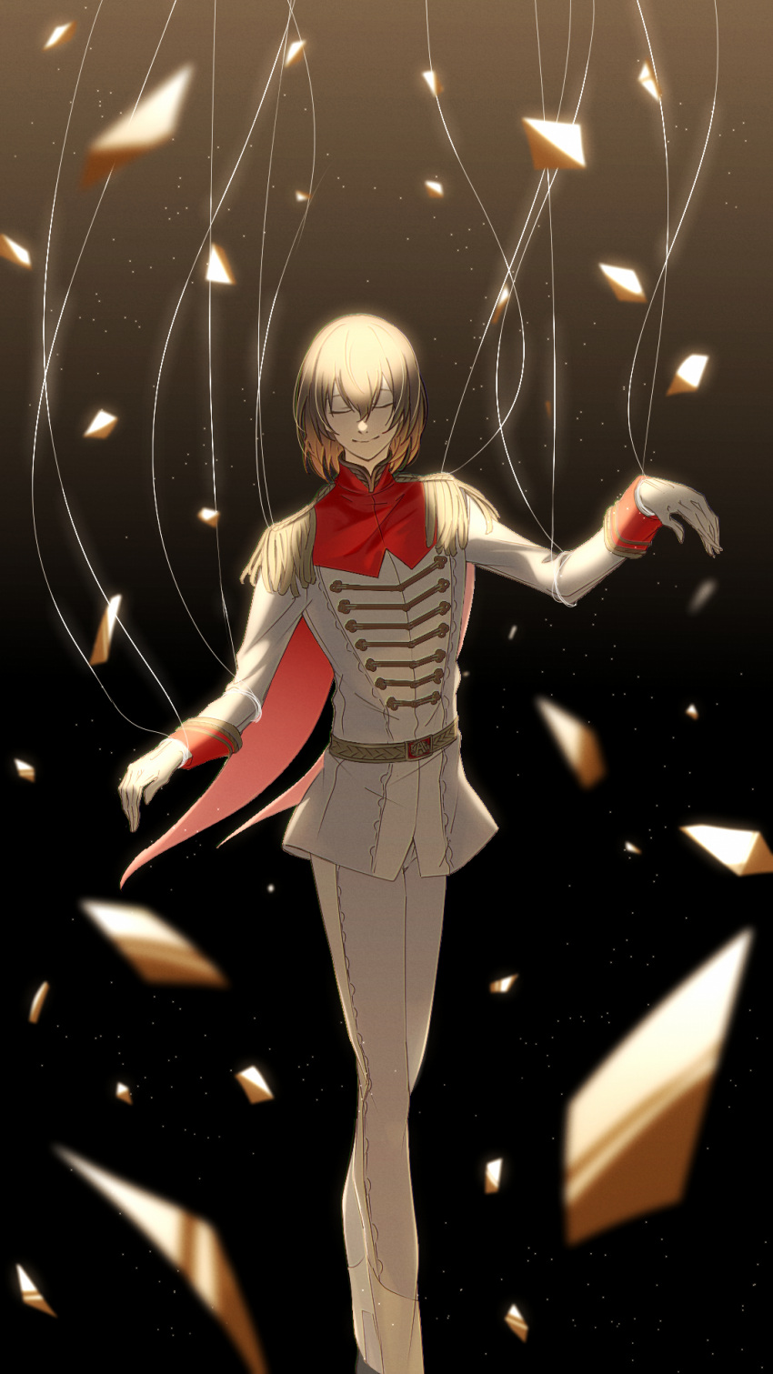 1boy akechi_gorou black_background brown_hair cape closed_eyes closed_mouth epaulettes full_body gloves hair_between_eyes highres light_particles male_focus pants persona persona_5 puppet_strings red_cape rituka short_hair simple_background solo spotlight standing white_gloves white_pants