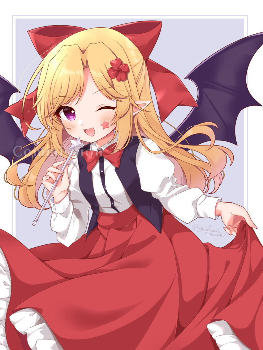 1girl blonde_hair blush bow bowtie buttons collared_shirt commission elis_(touhou) facial_mark fang frilled_skirt frills hair_bow highres holding holding_wand long_hair long_sleeves one_eye_closed open_mouth pointy_ears purple_wings red_bow red_bowtie red_skirt shirt skeb_commission skirt smile solo star_(symbol) touhou touhou_(pc-98) violet_eyes wand white_shirt wings yurufuwa_milk