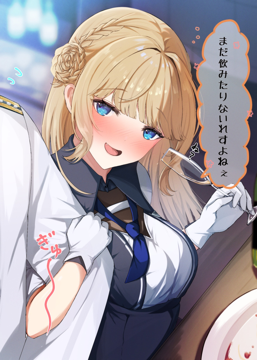 1girl admiral_(kancolle) blonde_hair blue_eyes blue_necktie blush braid braided_bun breasts cup dress drinking_glass drunk epaulettes gloves hair_bun highres kantai_collection light_brown_hair long_hair long_sleeves medium_breasts military_uniform naval_uniform necktie open_mouth plate ranger_(kancolle) ranran_3939 side_braids single_side_bun smile speech_bubble table two-tone_dress uniform white_gloves