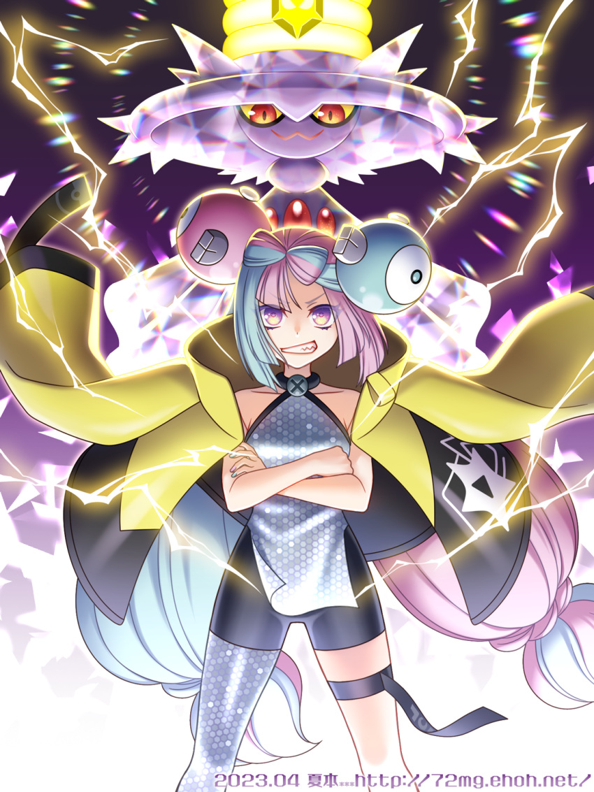 1girl asymmetrical_legwear blue_hair coat coat_on_shoulders crossed_arms dated electricity grin gunbuster_pose highres iono_(pokemon) long_hair low-tied_long_hair mismagius multicolored_hair natsumoto pink_hair pokemon pokemon_(creature) pokemon_sv smile terastallization thigh_strap two-tone_hair violet_eyes web_address
