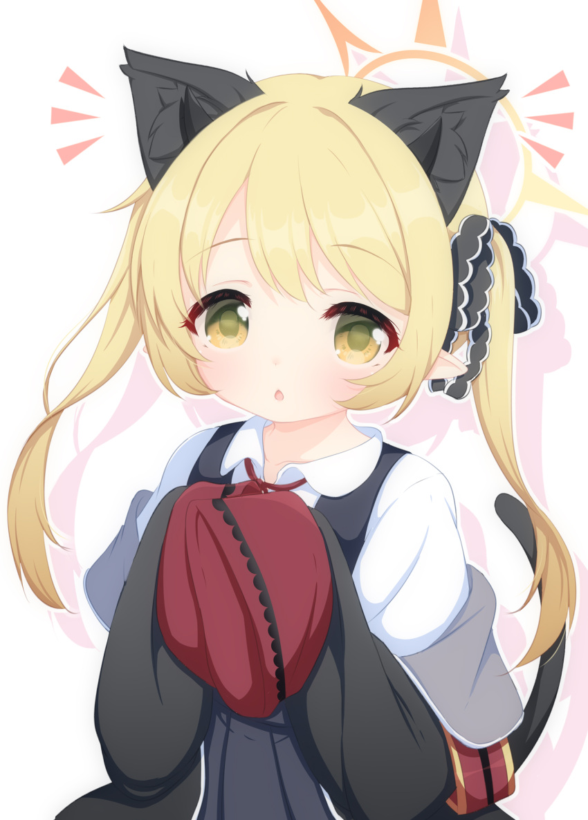 1girl animal_ears black_coat black_dress black_ribbon blonde_hair blue_archive blush cat_ears cat_tail coat collared_shirt commentary_request dress green_eyes hair_ribbon halo highres hosizora_mikoto ibuki_(blue_archive) long_hair long_sleeves looking_at_viewer notice_lines off_shoulder open_mouth oversized_clothes pinafore_dress ribbon shirt sleeveless sleeveless_dress sleeves_past_fingers sleeves_past_wrists solo tail twintails upper_body white_background white_shirt yellow_halo