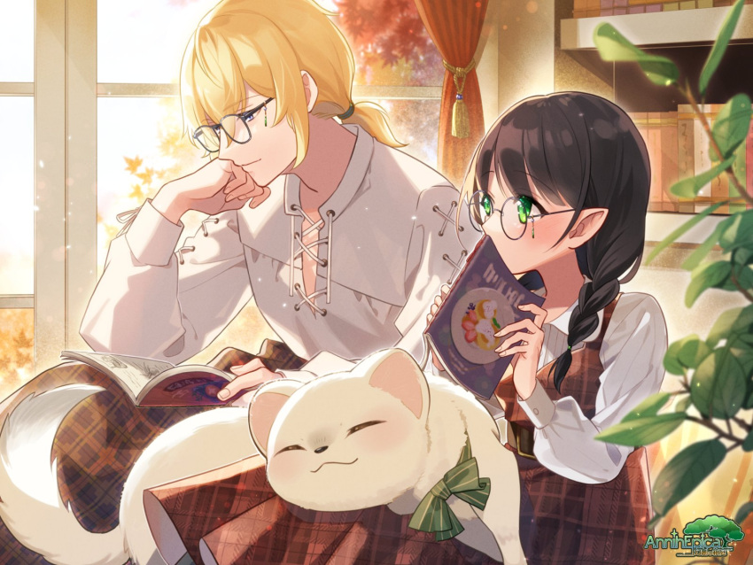 1boy 1girl alpaca_connect animal_on_lap animal_request autumn_leaves belt belt_buckle black_belt black_hair blanket blonde_hair blush book bookshelf buckle closed_mouth copyright_name covering_own_mouth cross-laced_clothes curtains dress feet_out_of_frame from_side glasses green_eyes hair_between_eyes hanon_ssk head_rest highres holding holding_book indoors knees_up light_particles long_hair long_sleeves looking_at_another low_ponytail on_lap open_book peter_pan_collar pinafore_dress plaid plaid_dress plant pointy_ears profile reading red_dress round_eyewear shirt sideways_glance sitting sleeveless sleeveless_dress smile sunlight twintails under_covers violet_eyes white_shirt window