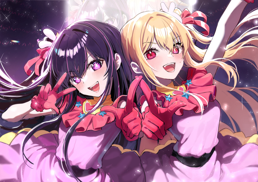 2girls absurdres arm_up bada_(jksh5056) belt black_belt blonde_hair blush commentary_request dress floating_hair frilled_gloves frills gloves hair_between_eyes hair_ornament hair_ribbon heart highres hoshino_ai_(oshi_no_ko) hoshino_ruby idol idol_clothes long_hair looking_at_viewer mismatched_pupils mother_and_daughter multicolored_hair multiple_girls one_side_up open_mouth oshi_no_ko pink_dress pink_eyes pink_gloves pink_hair pink_ribbon pointing pointing_at_viewer purple_hair rabbit_hair_ornament ribbon sidelocks sleeveless sleeveless_dress smile star-shaped_pupils star_(symbol) streaked_hair sweat symbol-shaped_pupils teeth violet_eyes w
