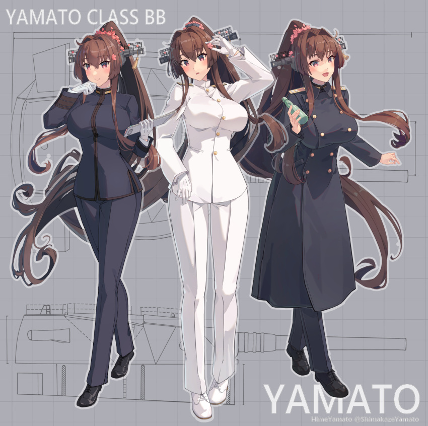 1girl artist_name black_footwear black_pants breasts brown_eyes brown_hair buttons character_name flower hair_flower hair_ornament highres himeyamato kantai_collection large_breasts long_hair long_sleeves military_uniform multiple_views naval_uniform pants pink_flower ponytail shoes uniform white_footwear white_pants yamato_(kancolle)