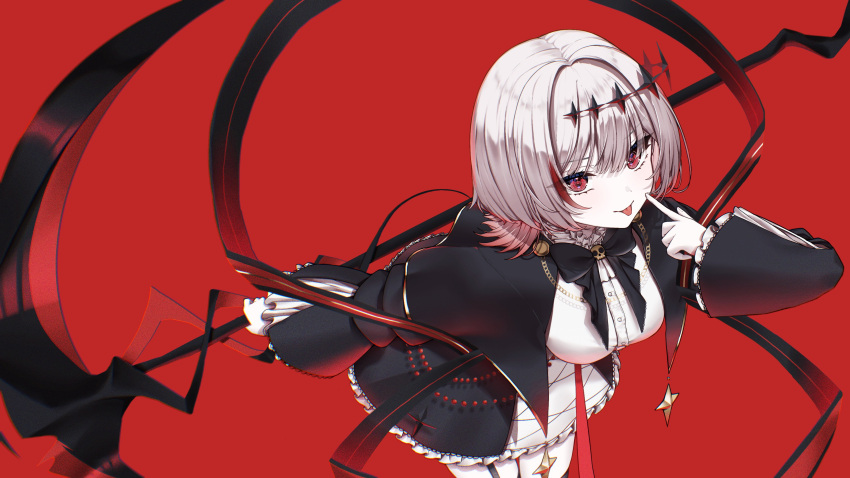 absurdres black_cardigan black_thighhighs cardigan crosshair crosshair_pupils dtto. gothic_lolita highres holding holding_scythe honeyhoppin lolita_fashion multicolored_hair pale_skin red_background red_eyes redhead ribbon scarz scythe shirt skull_ornament smile thigh-highs tongue tongue_out utaite virtual_youtuber white_hair white_shirt