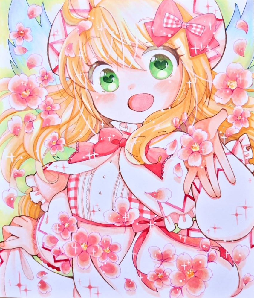 1girl blonde_hair bow bowtie dress fairy_wings flower green_background green_eyes happy heart heart-shaped_pupils highres lily_white long_hair long_sleeves looking_at_viewer marker_(medium) naruki open_mouth outstretched_hand pink_flower red_bow red_bowtie simple_background solo symbol-shaped_pupils touhou traditional_media upper_body white_dress wings