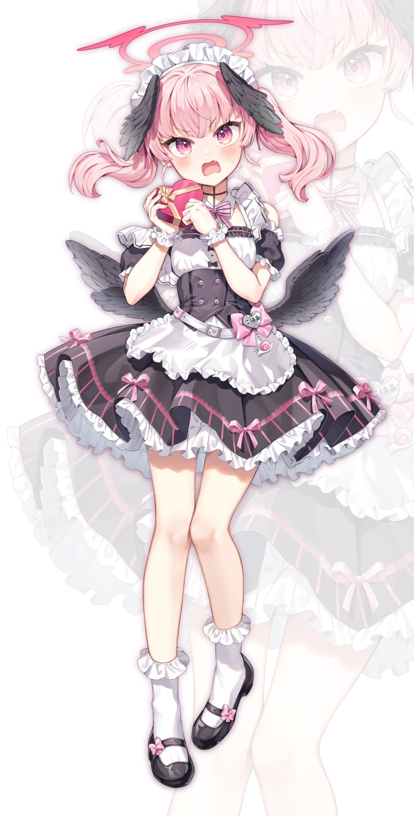 1girl absurdres alternate_costume apron black_dress black_footwear black_wings blue_archive blush box dress enmaided frilled_apron frilled_dress frills full_body gift gift_box halo head_wings heart-shaped_box highres holding holding_gift koharu_(blue_archive) long_hair maid maid_headdress mono_(mono_mon) open_mouth pink_eyes pink_hair pink_halo shoes simple_background socks solo twintails white_apron white_background white_socks wings zoom_layer