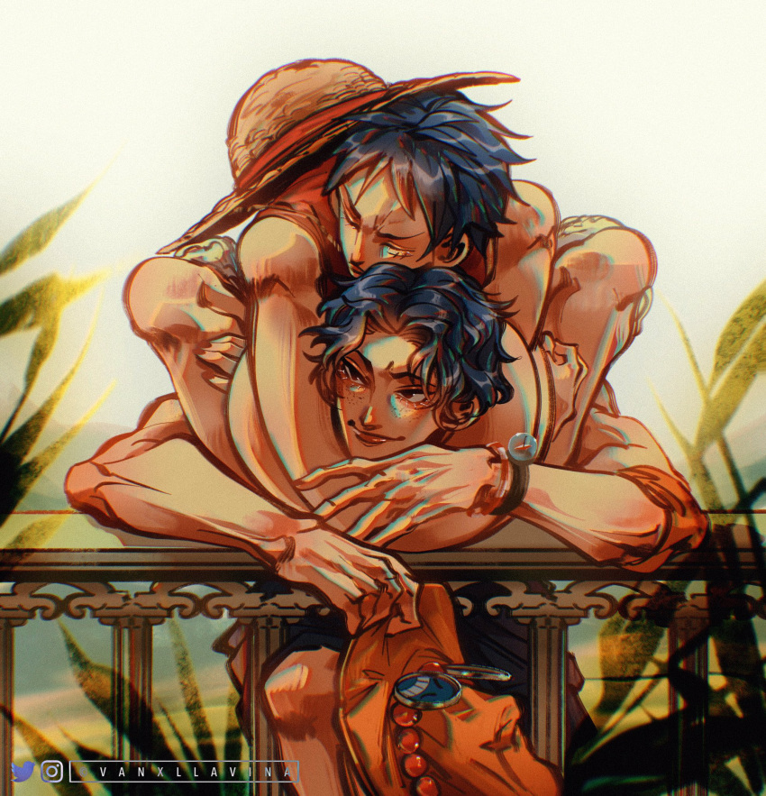 2boys black_hair closed_eyes english_commentary freckles hat highres holding holding_clothes holding_hat hug hug_from_behind instagram_username log_pose male_focus monkey_d._luffy multiple_boys one_piece orange_headwear plant portgas_d._ace red_shirt scar scar_on_face shirt short_hair shorts sleeveless sleeveless_shirt smile straw_hat twitter_username vanxllavina