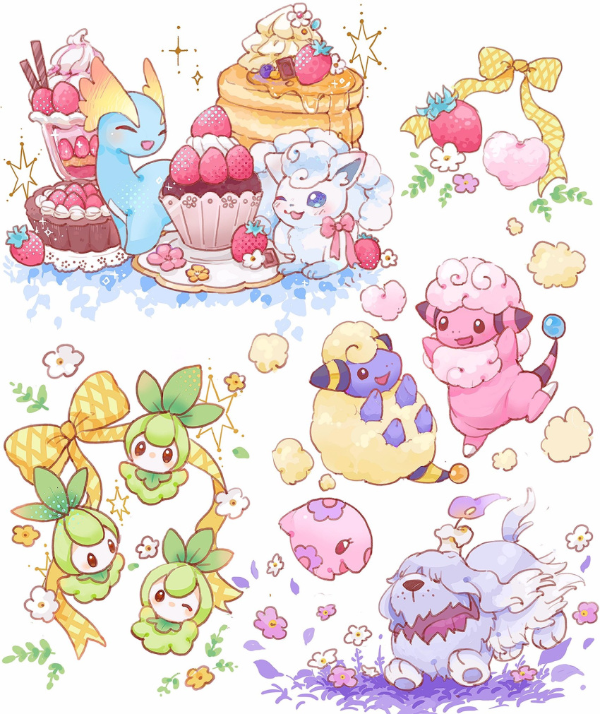 alolan_vulpix amaura animal_focus black_eyes blue_eyes blue_skin bow bright_pupils candle closed_eyes colored_skin commentary_request cream dog eyelashes fangs flaaffy floating fluffy food freckles fruit greavard green_hair grey_fur highres hyoudo_(d2_isu) ice_cream maple_syrup mareep multiple_tails munna no_humans one_eye_closed open_mouth pancake petilil pokemon pokemon_(creature) red_eyes sheep simple_background skin_fangs smile sparkle standing standing_on_one_leg strawberry tail violet_eyes white_background white_pupils white_skin yellow_bow