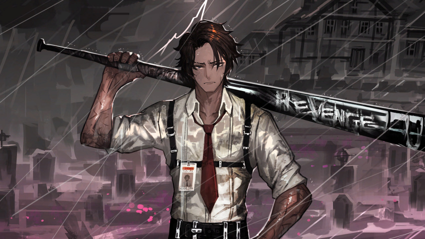 1boy baseball_bat belt brown_hair clouds cloudy_sky collared_shirt dark-skinned_male dark_skin english_text game_cg heathcliff_(project_moon) highres holster id_card lightning limbus_company mansion nai_ga necktie official_art project_moon rain red_necktie scar scar_on_face shirt short_hair shoulder_holster sky solo storm tombstone violet_eyes white_shirt