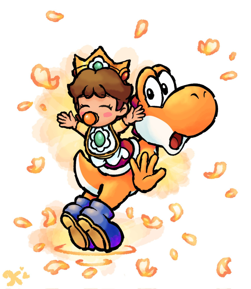 1boy 1girl baby baby_daisy bib blue_footwear blush_stickers boots brown_hair closed_eyes crown full_body highres keidontlie looking_at_viewer official_style open_mouth orange_petals pacifier simple_background super_mario_bros. white_background yoshi yoshi's_island_ds yoshi's_island_ds_(style)
