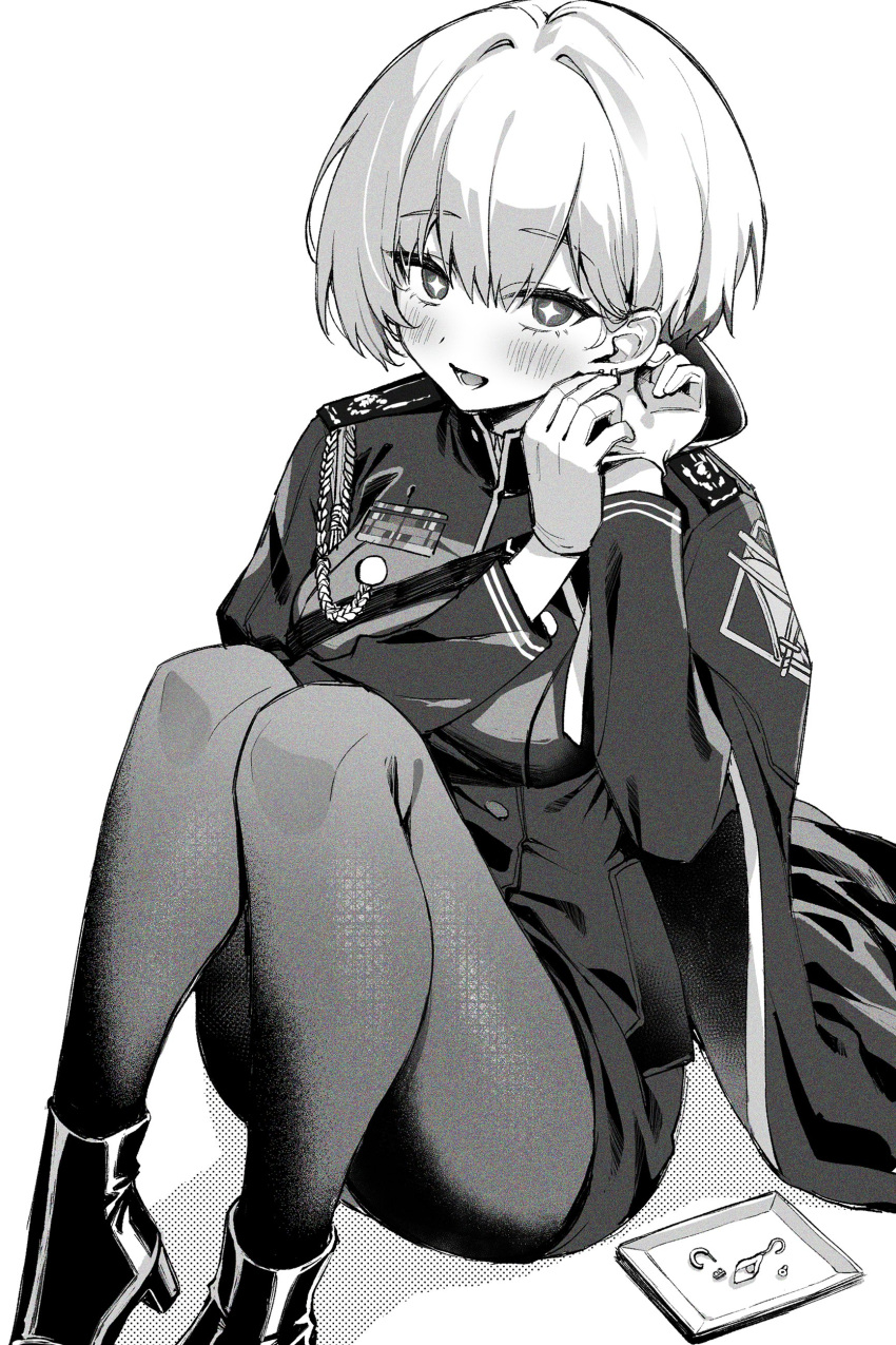 1girl absurdres adjusting_earrings aiguillette blush boots breasts buttons cape coat commentary double-breasted earrings epaulettes full_body gloves goddess_of_victory:_nikke greyscale hair_intakes highres jewelry liliweiss_(nikke) long_sleeves looking_at_viewer medium_breasts military_uniform miniskirt monochrome open_mouth pantyhose short_hair simple_background sitting skirt smile solo star-shaped_pupils star_(symbol) symbol-shaped_pupils uniform white_background yatanukikey
