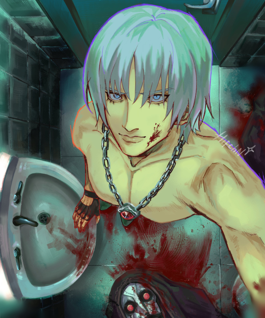 1boy absurdres aged_down bathroom blood blood_on_face blood_on_hands blue_eyes dante_(devil_may_cry) devil_may_cry_(series) devil_may_cry_3 fingerless_gloves gloves highres holding ifa_(hifchn) long_hair looking_at_viewer male_focus smile solo white_hair