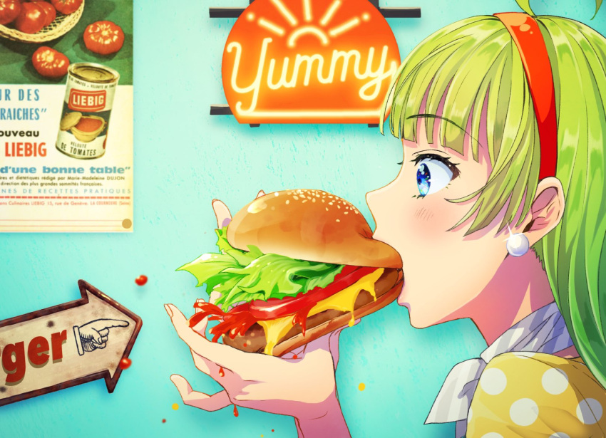 1girl ahoge arrow_(symbol) blue_background blue_eyes blunt_bangs burger cheese commentary earrings eating english_commentary english_text eyelashes food from_side gleam green_hair grey_scarf hairband highres holding holding_food idolmaster idolmaster_million_live! indoors jewelry ketchup lettuce long_hair looking_at_food mustard polka_dot polka_dot_shirt polka_dot_sleeves poster_(object) red_hairband scarf sesame_seeds shimabara_elena shirt solo sphere_earrings striped_clothes striped_scarf tomato tomato_slice two-tone_scarf upper_body white_scarf witoi_(roa) yellow_shirt yellow_sleeves